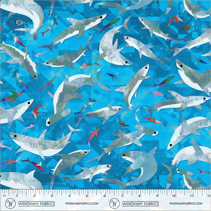 Animal Kingdom by Gareth Lucas - Stealthy Sharks, Cyan Stealthy Sharks Cyan | Animal Kingdom Fabric by Gareth Lucas