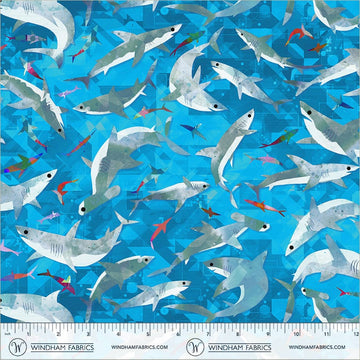 Animal Kingdom by Gareth Lucas - Stealthy Sharks, Cyan Stealthy Sharks Cyan | Animal Kingdom Fabric by Gareth Lucas