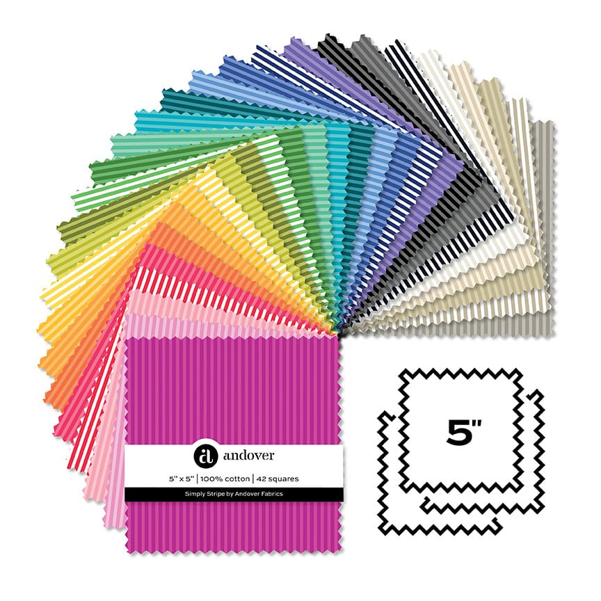 Simply Stripe by Andover Fabrics 5in Fabric Squares, 42 pieces Simply Stripe by Andover Fabrics 5in Fabric Squares, 42 pieces