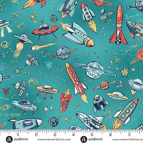 Orbit by Makower UK - Rockets, Teal Orbit by Makower UK - Rockets, Teal