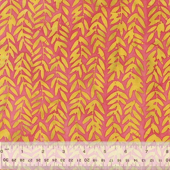 Fabric swatch with yellow leaf pattern on pink background.