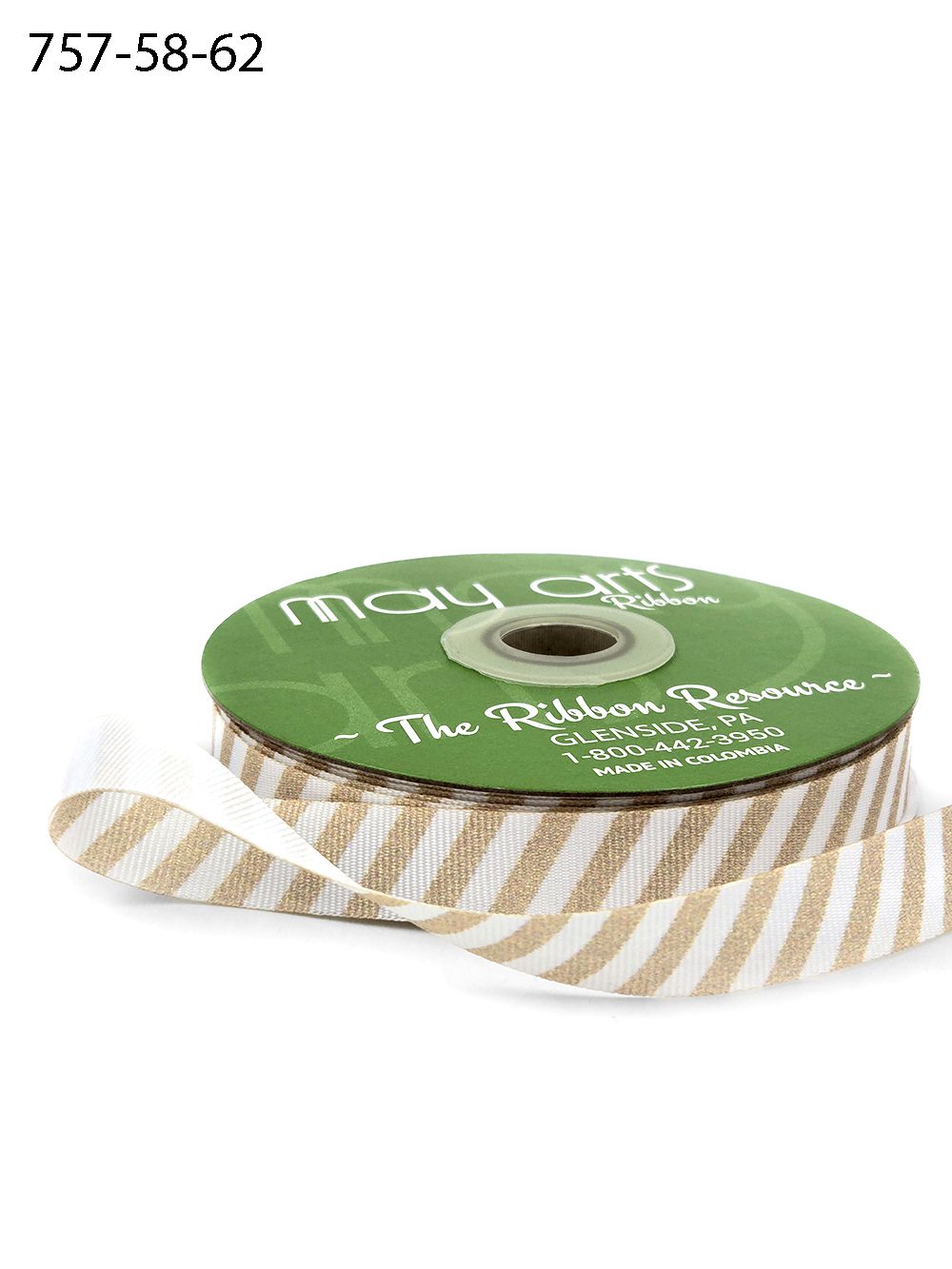 5/8in Diagonal Stripe Woven Edge Ribbon, Champagne/White