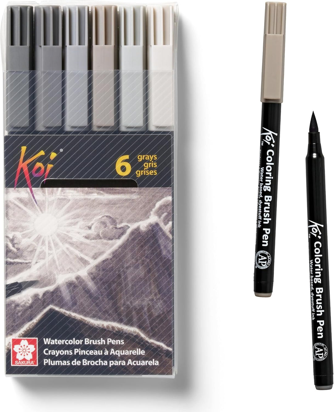 Koi Water Color Brush Pens, Set of 6 Grays