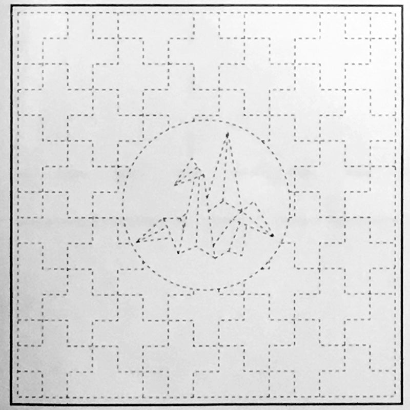 Origami crane diagram within a patterned square.