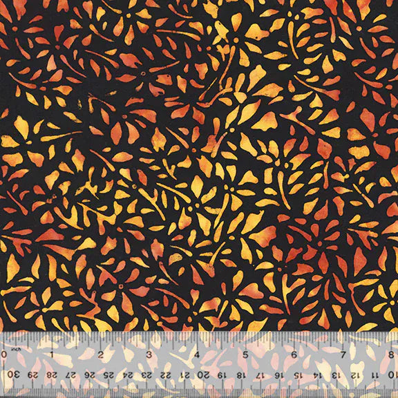 Fabric swatch with orange floral pattern on black background.