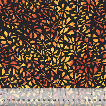 Fabric swatch with orange floral pattern on black background.