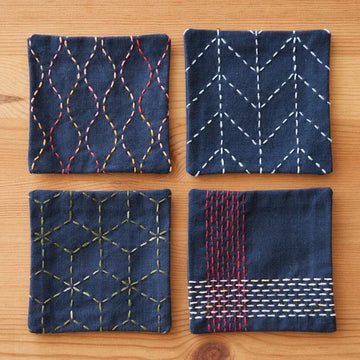 Hidamari Sashiko Preprinted Coaster Fabric, 4 Patterns in Navy Hidamari Sashiko Preprinted Coaster Fabric, 4 Patterns in Navy