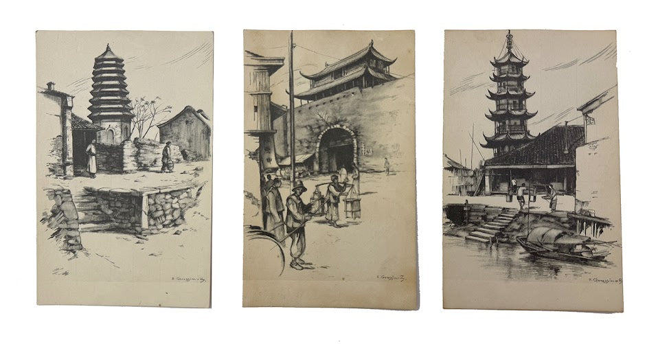 Vintage Pagoda Postcard Collage Pack, 3pcs