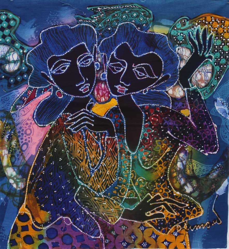 Batik Panel by Bambang Dharmo,Two Women on Blue Background