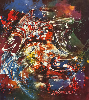 Batik Panel by Bambang Dharmo, Fish on Red 2, 17 1/4 x 19 1/2in Batik Panel by Bambang Dharmo, Fish on Red 2, 17 1/4 x 19 1/2in