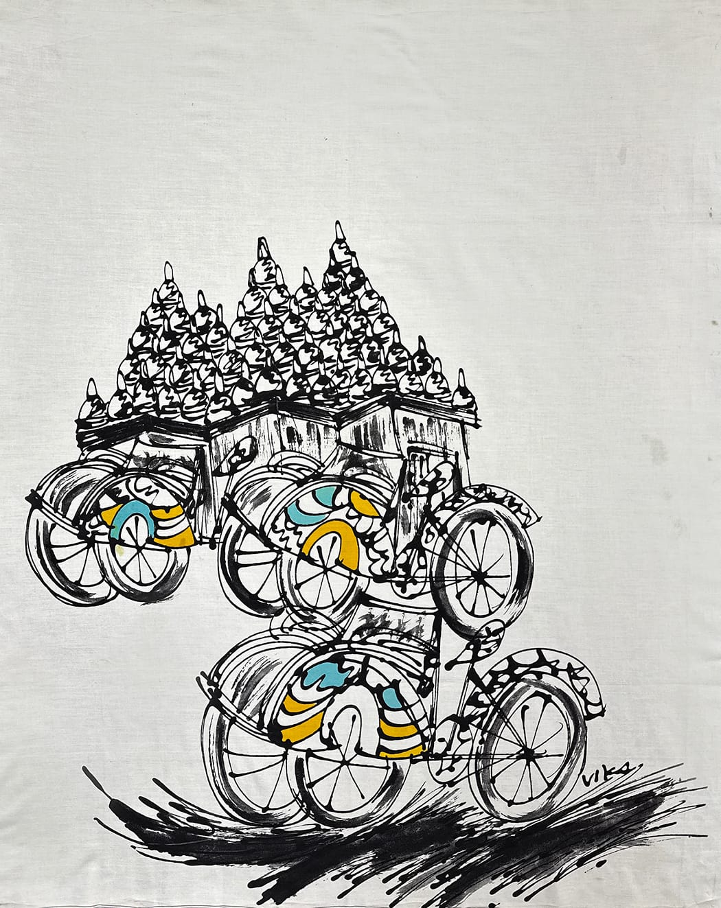Batik Panel - Bikes and Cart on White, Large, 36 x 29in