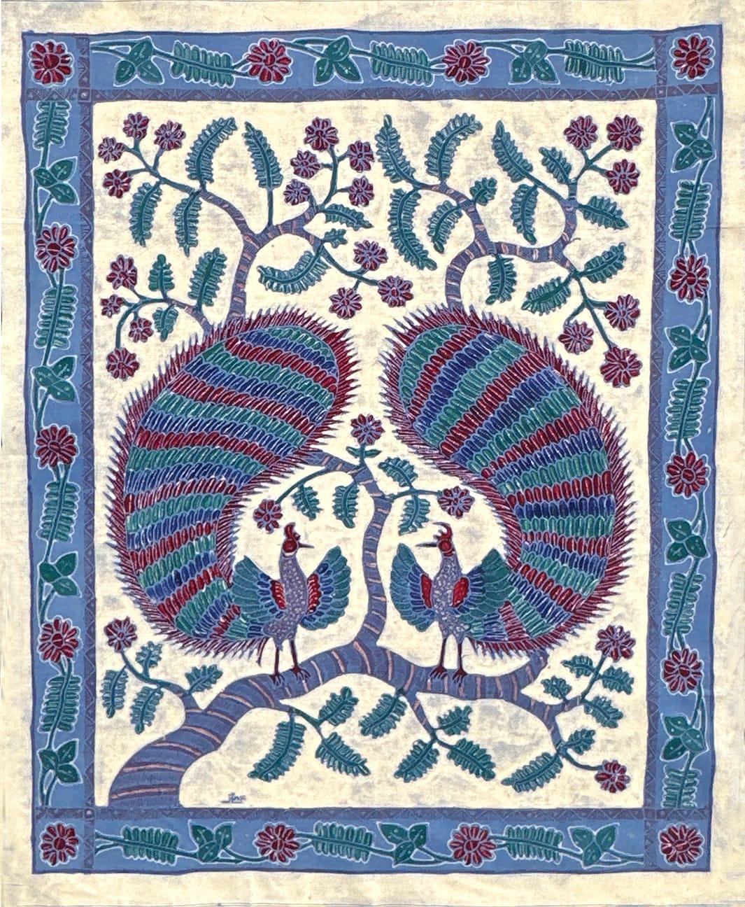 Batik Panel - Peacocks on a Branch 2 BLUE, Large, 35 1/2 x 29in Batik Panel - Peacocks on a Branch 2 BLUE, Large, 35 1/2 x 29in