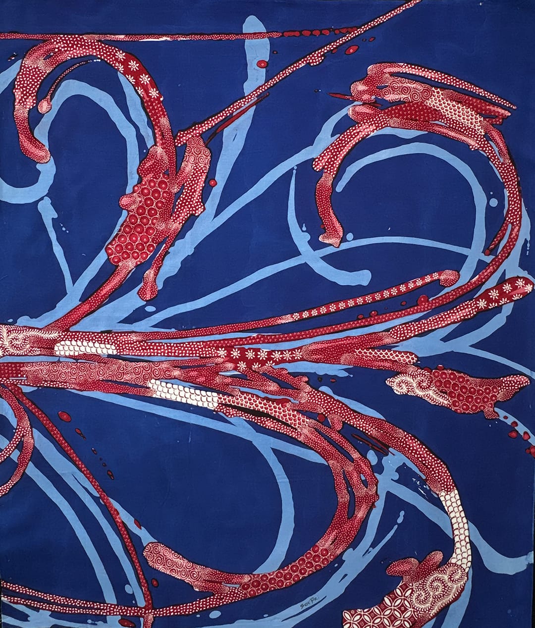 Batik Panel - Red Grass Stalks on Blue, Large, 30 3/4 x 36in Batik Panel - Red Grass Stalks on Blue, Large, 30 3/4 x 36in