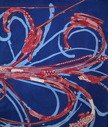 Batik Panel - Red Grass Stalks on Blue, Large, 30 3/4 x 36in Batik Panel - Red Grass Stalks on Blue, Large, 30 3/4 x 36in