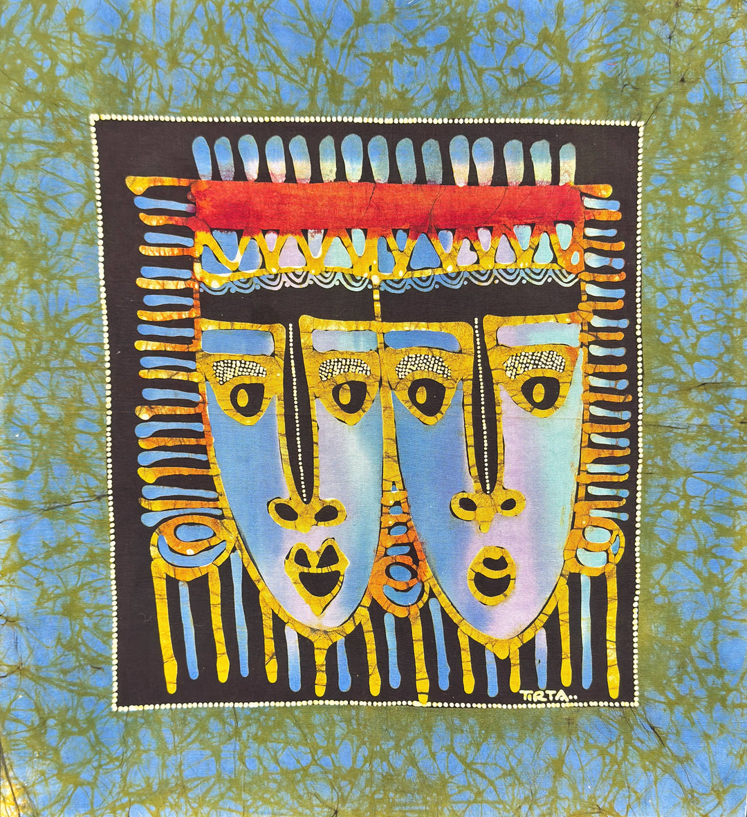 Batik Panel - Mask Duo on Blue/Green, Medium, 19 1/4 x 18in
