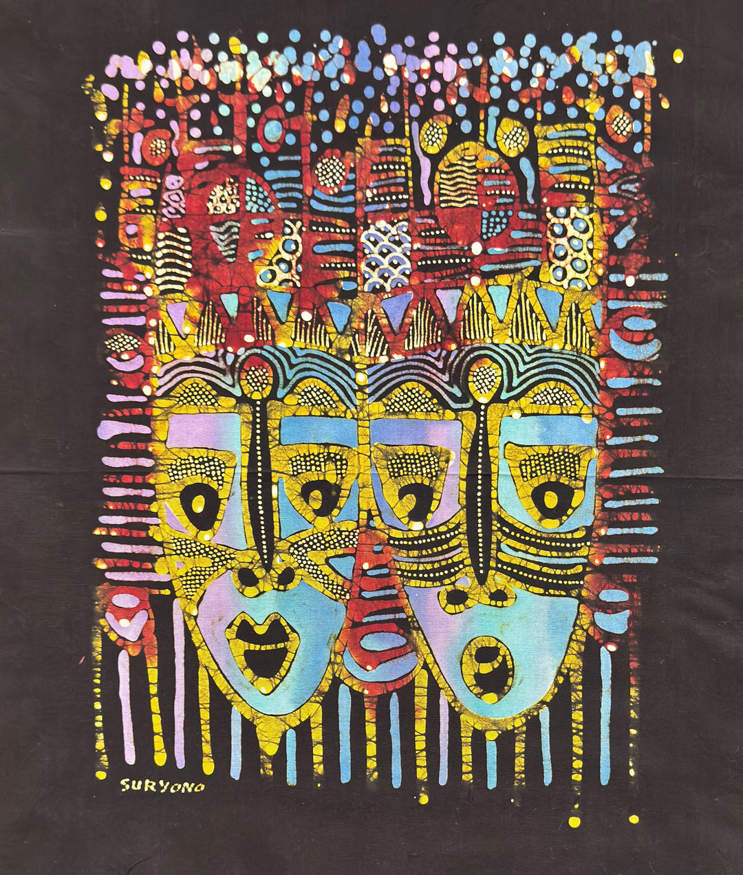 Batik Panel - Mask Duo on Black, Medium, 19 x 17 1/2in