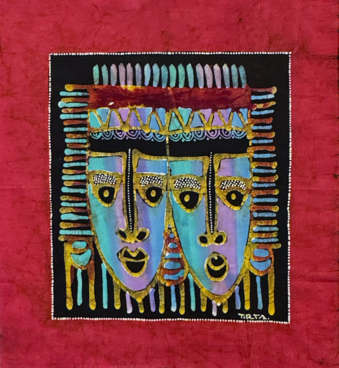 Batik Panel - Mask Duo on Red, Medium, 19 1/4 x 17 3/4in