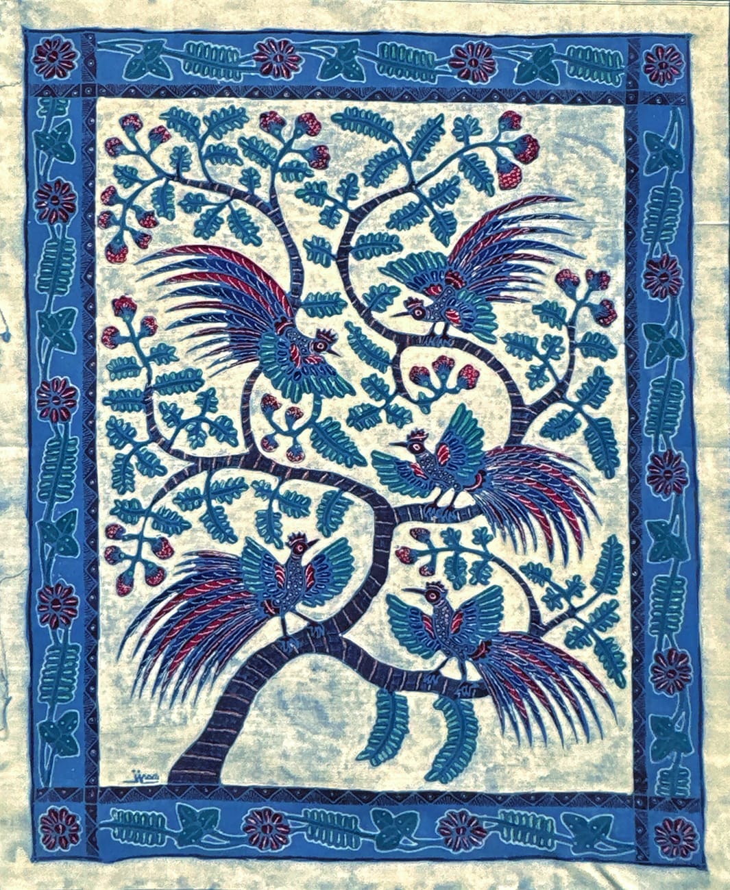 Batik Panel - Roosters in a Tree, Large, 35 x 29in Batik Panel - Roosters in a Tree, Large, 35 x 29in