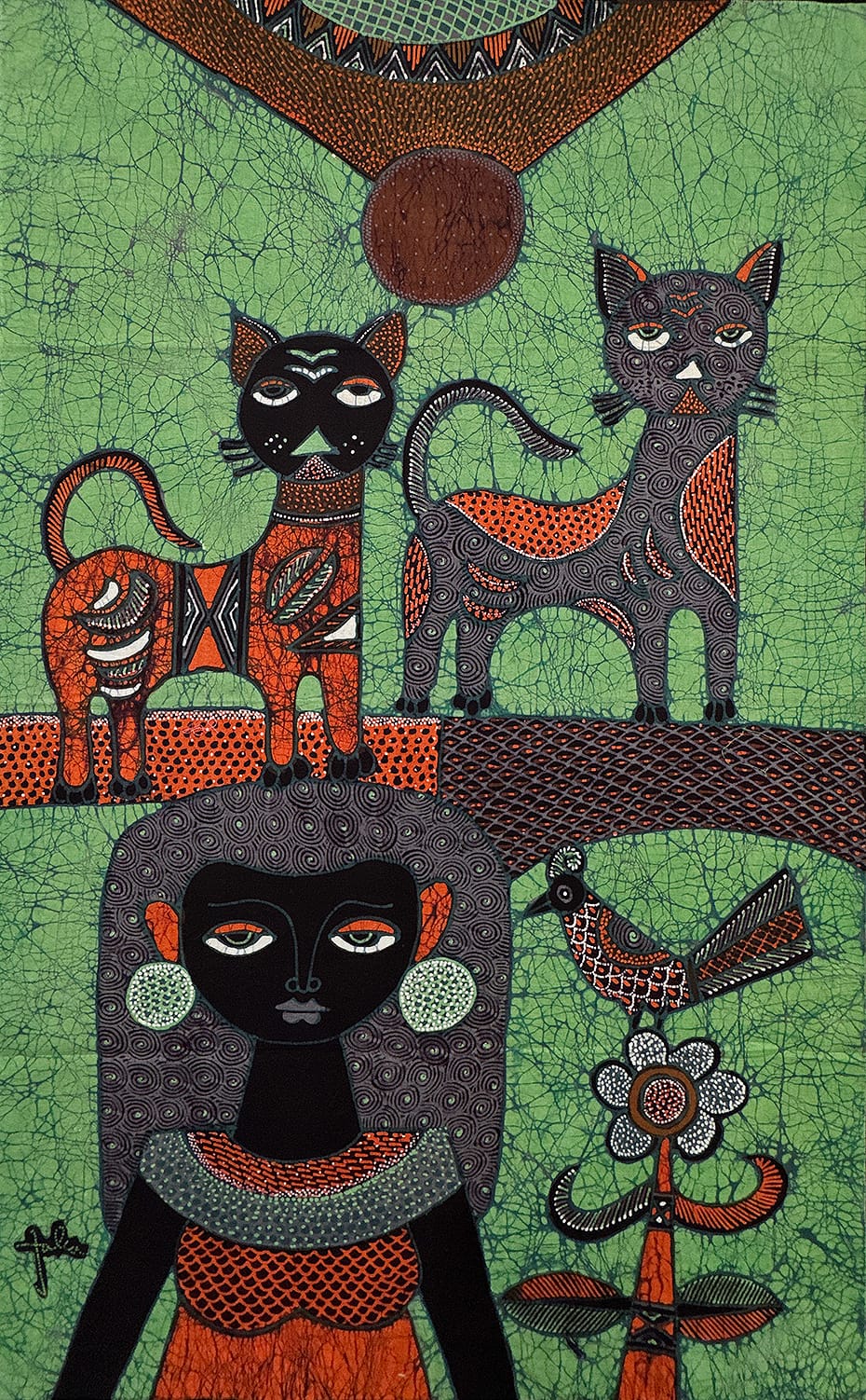 Batik Panel by Jaka, Woman with Cats, Small and Long, 18x29 in. on Green
