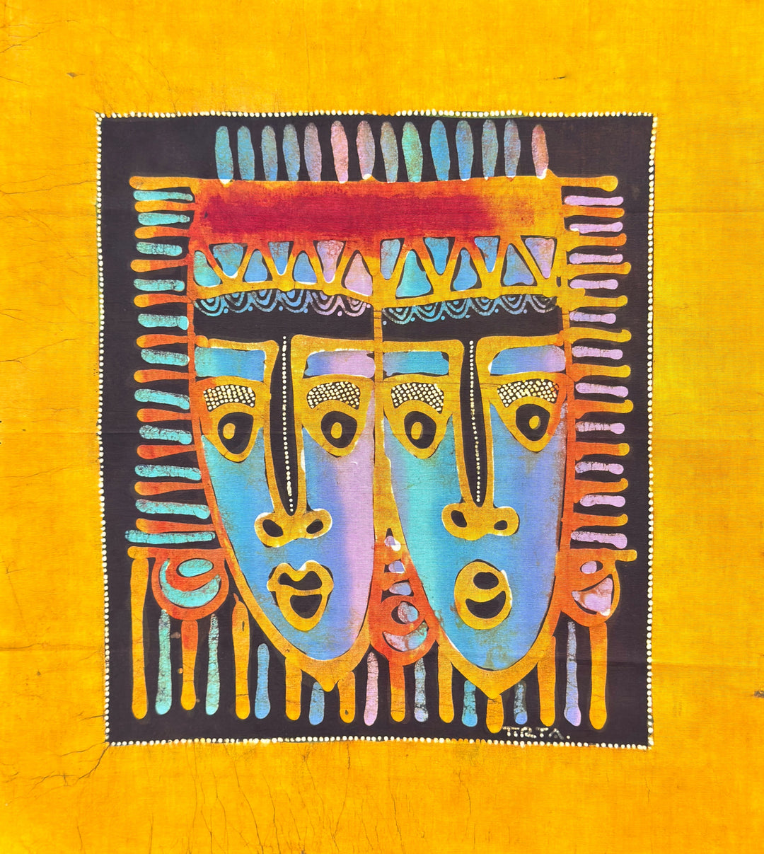 Batik Panel - Mask Duo on Yellow, Medium, 19 1/4 x 18in
