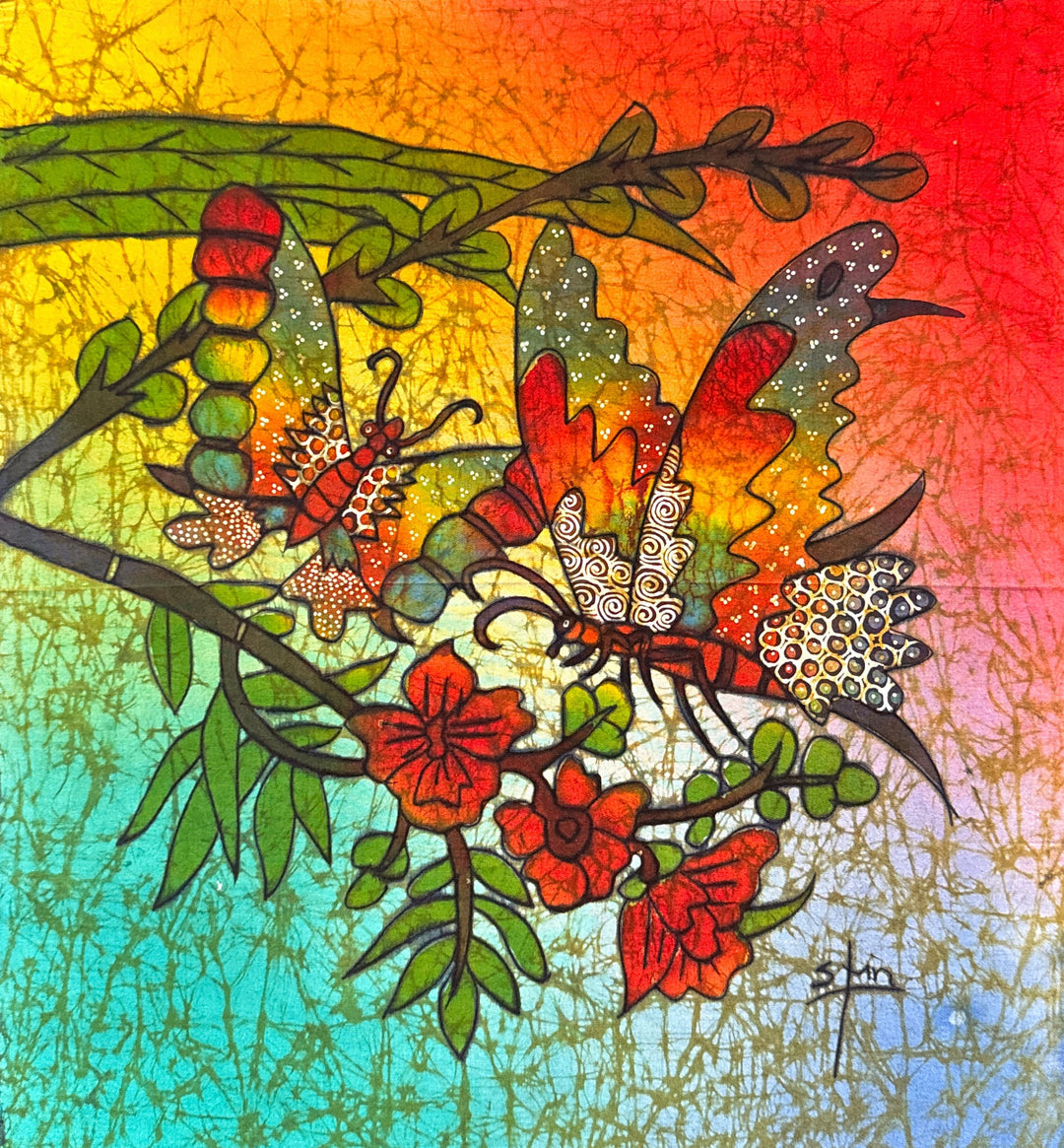 Batik Panel by Sfin - Butterflies and Blossoms, Medium, 19 1/4 x 18in