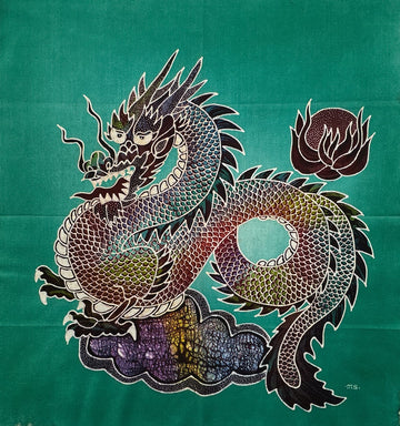 Batik Panel - Coiled Dragon in the Sky GREEN, Medium, 19 1/2x18in Batik Panel - Coiled Dragon in the Sky GREEN, Medium, 19 1/2x18in