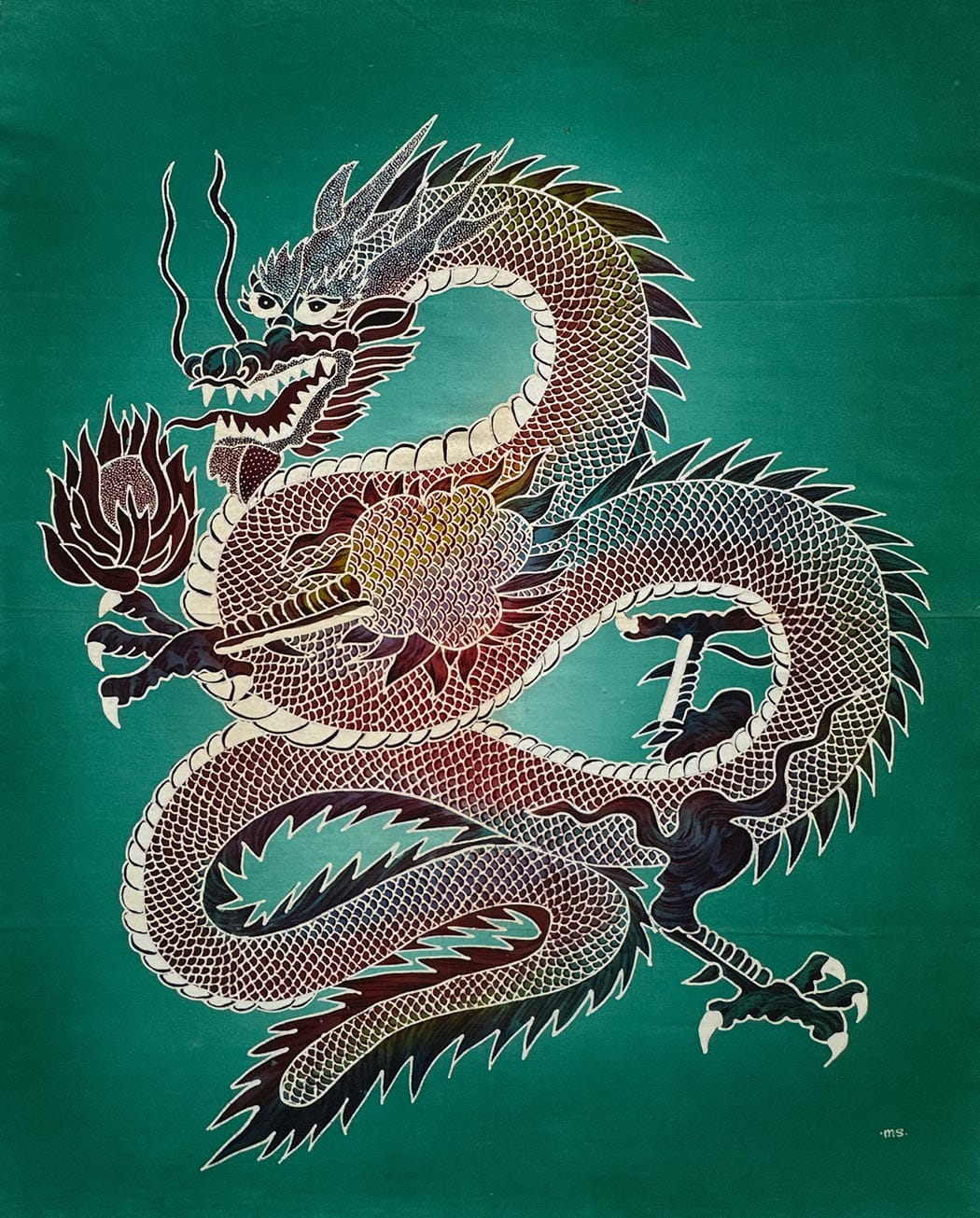 Batik Panel - Dragon with Fire GREEN, Large, 35 x 29in