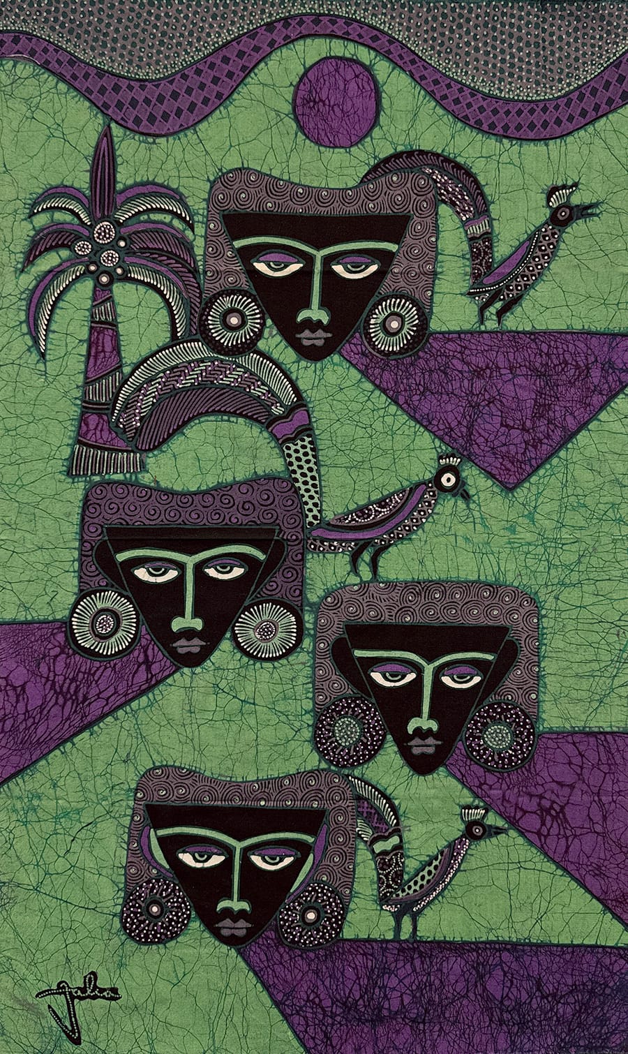 Batik Panel by Jaka, Women with Birds on Backs, Small and Long, 18x29 in. on Green Batik Panel by Jaka, Women with Birds on Backs, Small and Long, 18x29 in. on Green