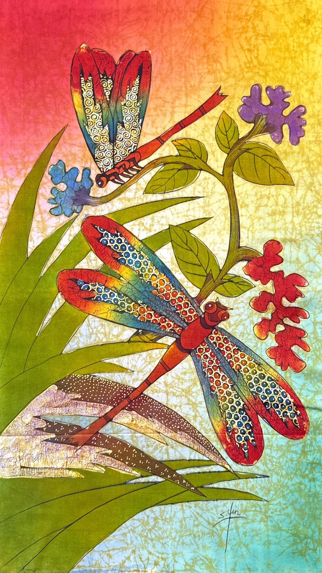 Batik Panel by Sfin: Dragonflies, 30x18in, on Rainbow Background