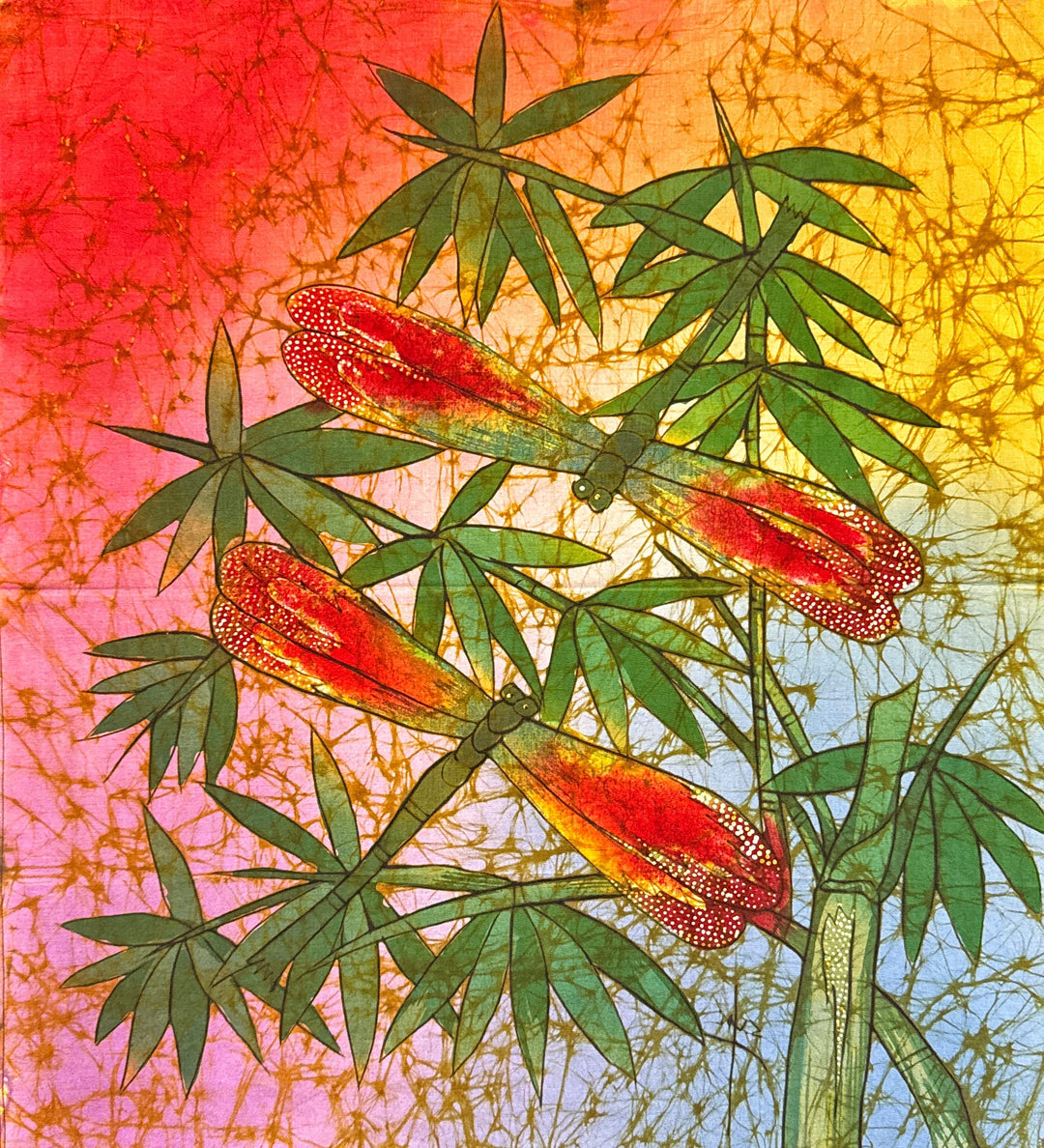 Batik Panel by Sfin - Damselflies and Bamboo, Medium, 19 1/4 x 18in
