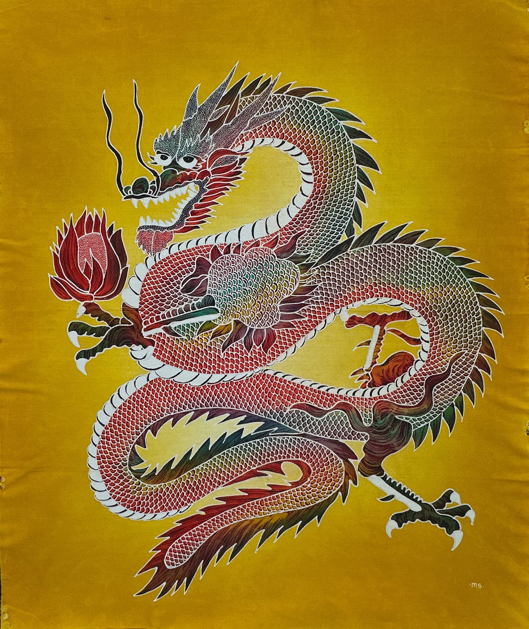 Batik Panel - Dragon with Fire YELLOW, Large, 35 x 29in