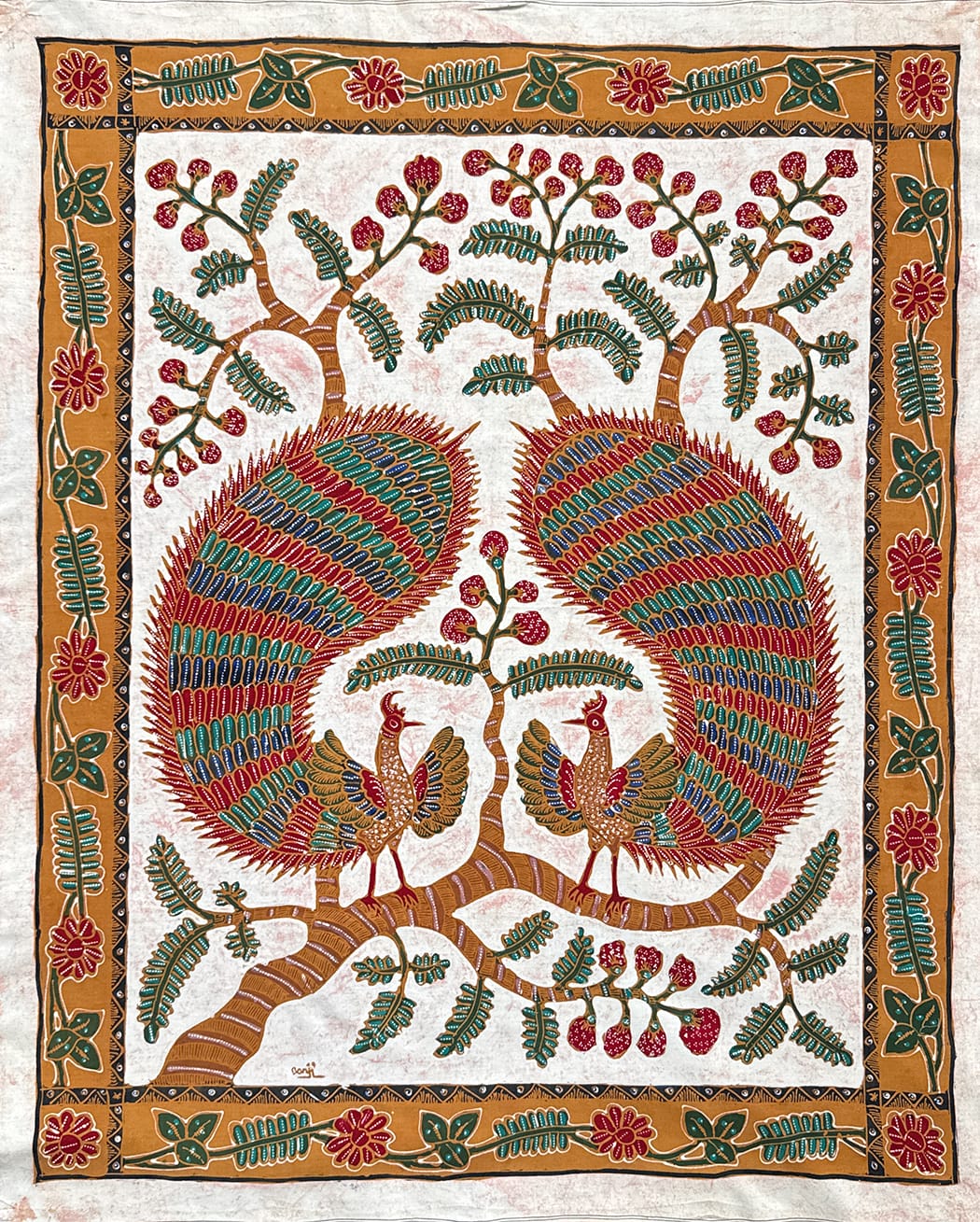 Batik Panel - Peacocks on a Branch, Large, 35 1/2 x 29in