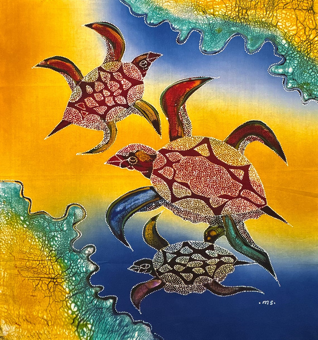 Batik Panel - Sea Turtles on Blue/Yellow (LEFT), Medium, 19 x 17in