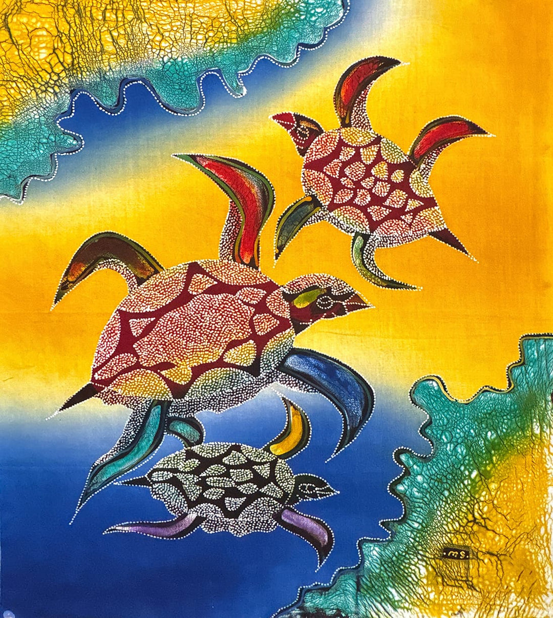 Batik Panel - Sea Turtles on Blue/Yellow (RIGHT), Medium, 19 x 17in