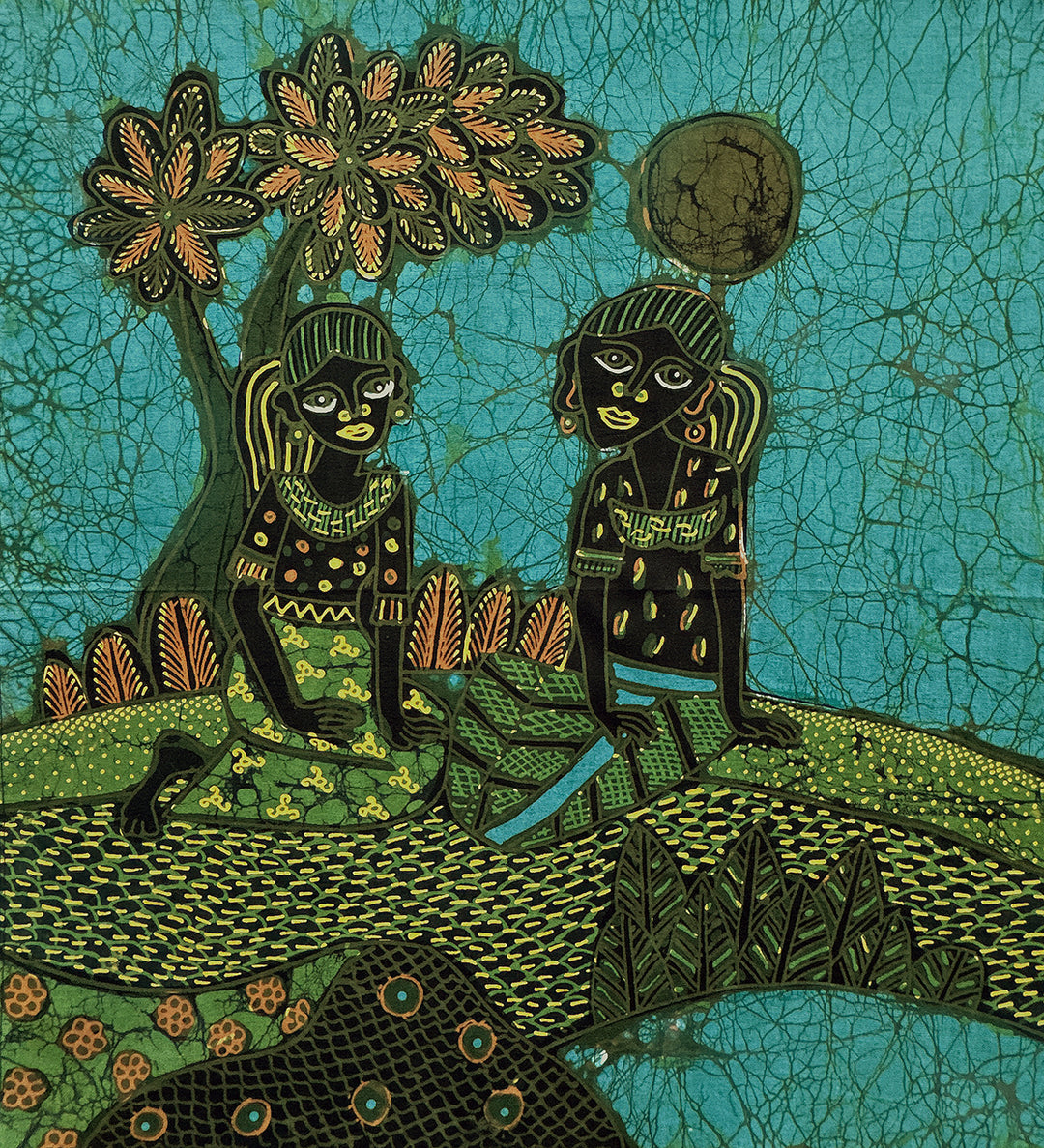 Batik Panel by Jaka, Two Young Girls, Medium, 18x18 in. on Teal