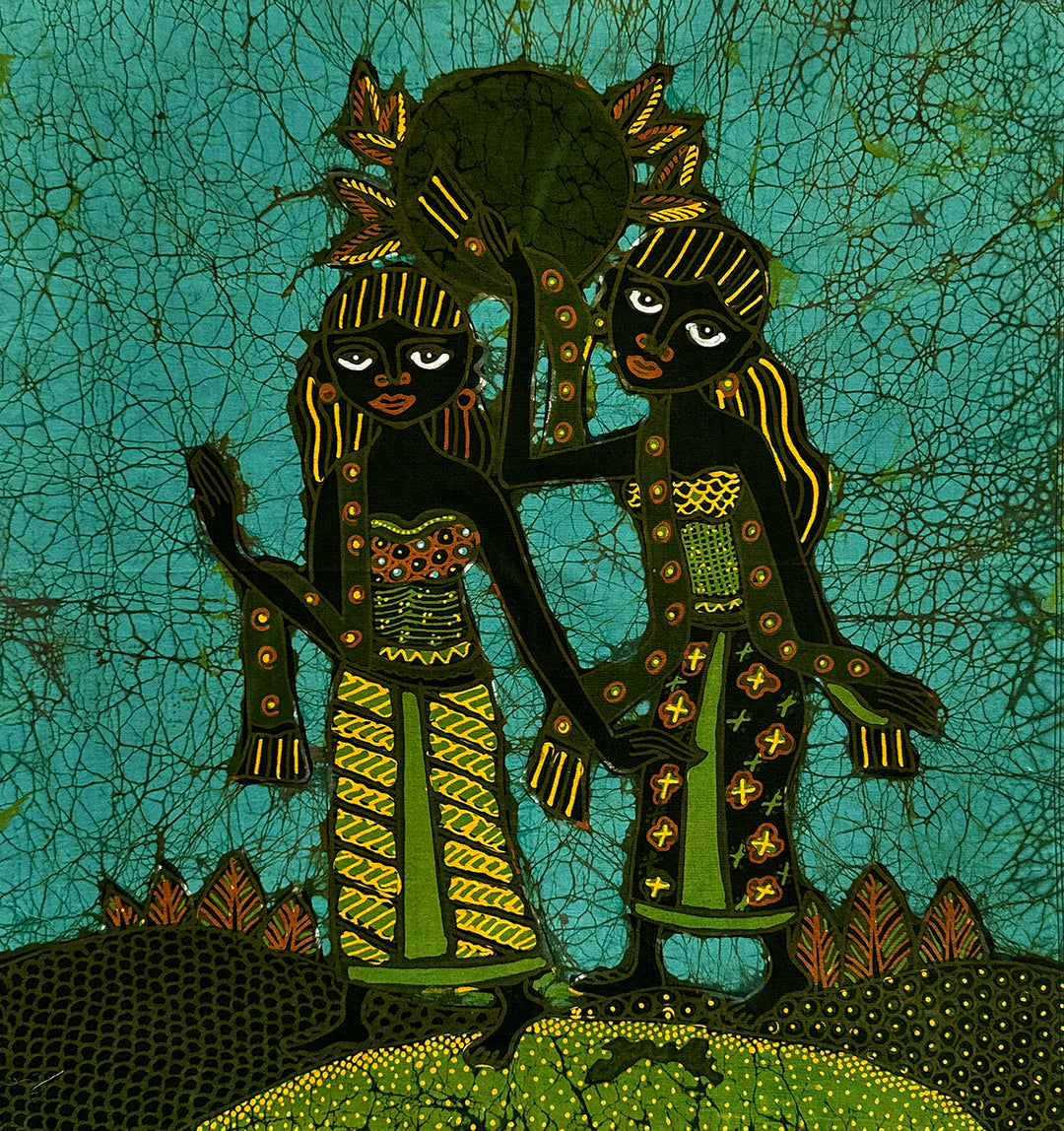 Batik Panel by Jaka, Two Women, Medium, 18x18 in. on Teal