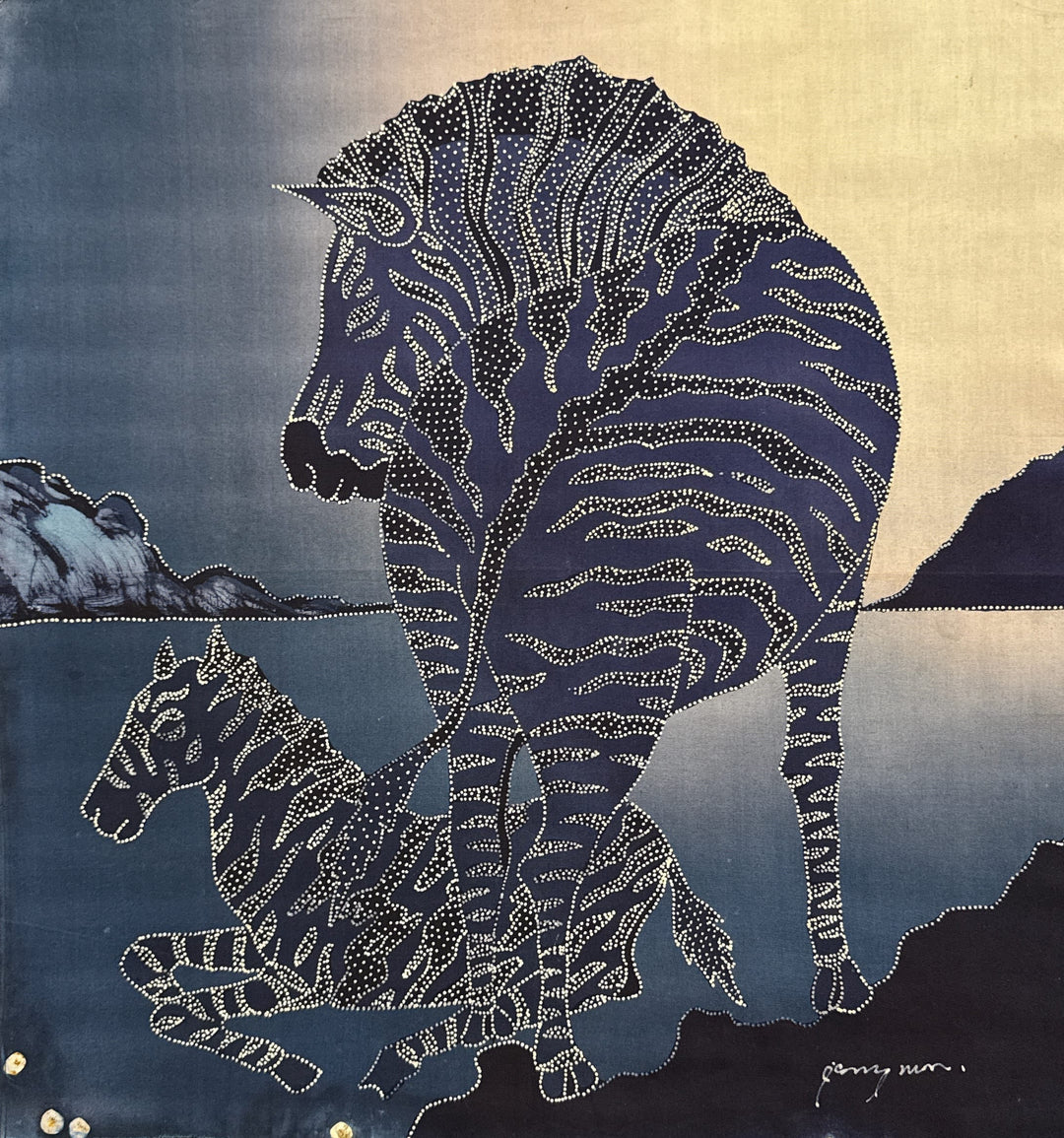 Batik Panel - Zebra and Foal on Blue, Medium, 19x17in Batik Panel - Zebra and Foal on Blue, Medium, 19x17in
