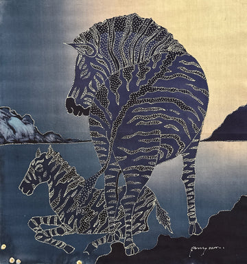 Batik Panel - Zebra and Foal on Blue, Medium, 19x17in Batik Panel - Zebra and Foal on Blue, Medium, 19x17in