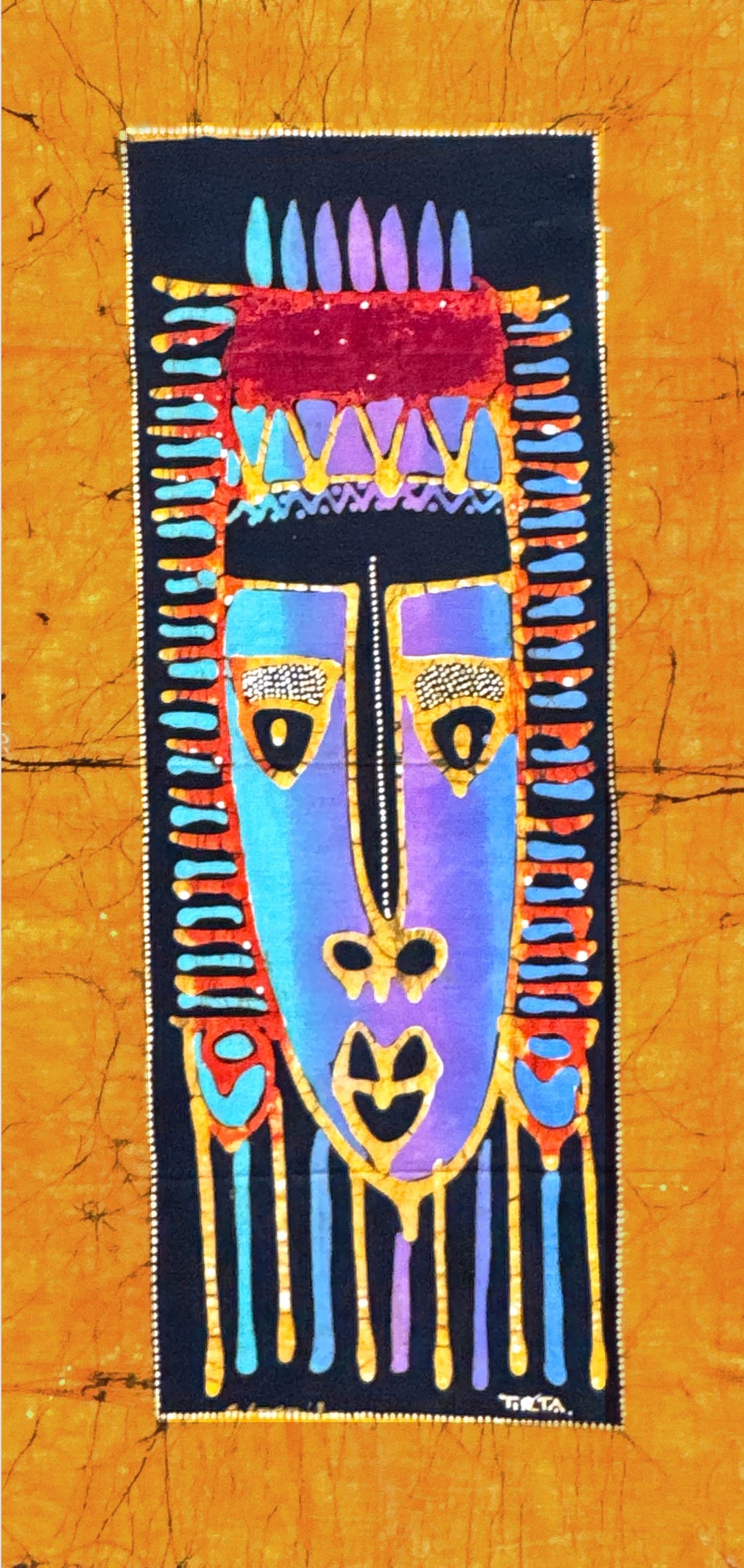 Batik Panel - Mask on Yellow, Small, 23 3/4 x 11 1/2in