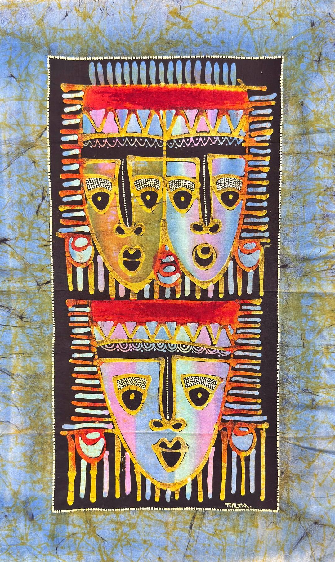 Batik Panel - Triplet Masks, Medium, 29 x 17 3/4in