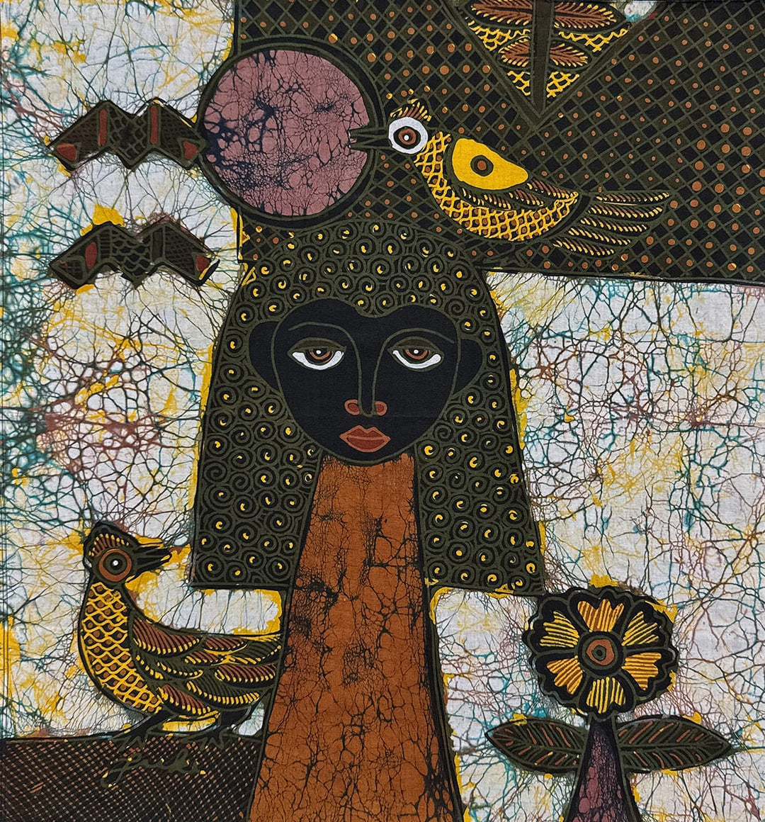 Batik Panel by Jaka, Woman with Birds, Medium, 19x18 in. on Cream Batik Panel by Jaka, Woman with Birds, Medium, 19x18 in. on Cream