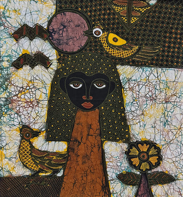 Batik Panel by Jaka, Woman with Birds, Medium, 19x18 in. on Cream Batik Panel by Jaka, Woman with Birds, Medium, 19x18 in. on Cream