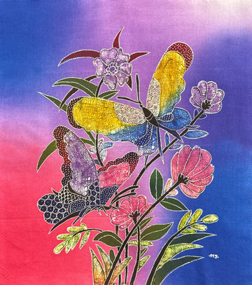 Batik Panel - Butterflies on Flowers, Medium, 19 x 17in Batik Panel - Butterflies on Flowers, Medium, 19 x 17in