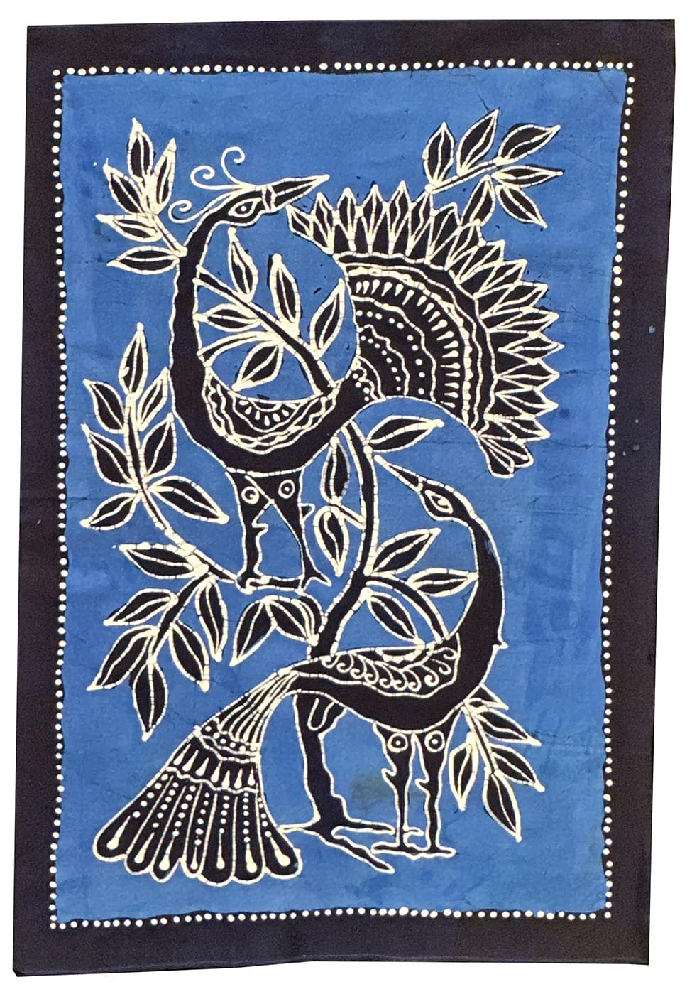 Batik Panel from Sri Lanka - Peacocks on Black on Blue 22in x 34in Sri Lankan Peacock Batik Panel – Artistic Artifacts