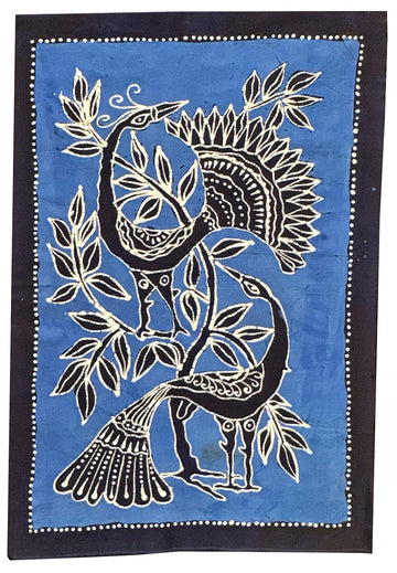 Batik Panel from Sri Lanka - Peacocks on Black on Blue 22in x 34in Sri Lankan Peacock Batik Panel – Artistic Artifacts