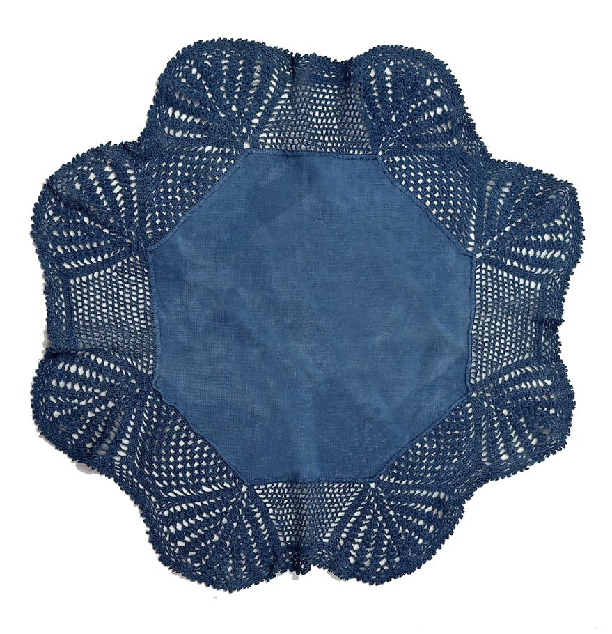 Blue Hand Dyed Linen Hexagon Doily with Crochet Trim 17.5"