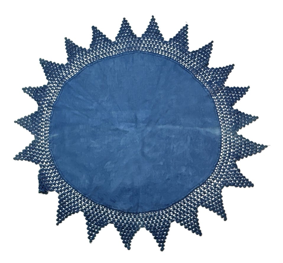 Blue Hand Dyed Linen Doily with Crochet Trim 24"