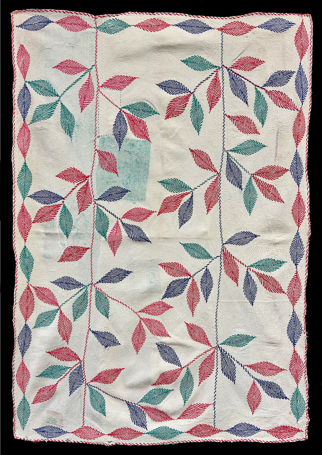 Vintage Kantha Blanket | Hand-Embroidered Scattered Leaf Branch Design | West Bengal India