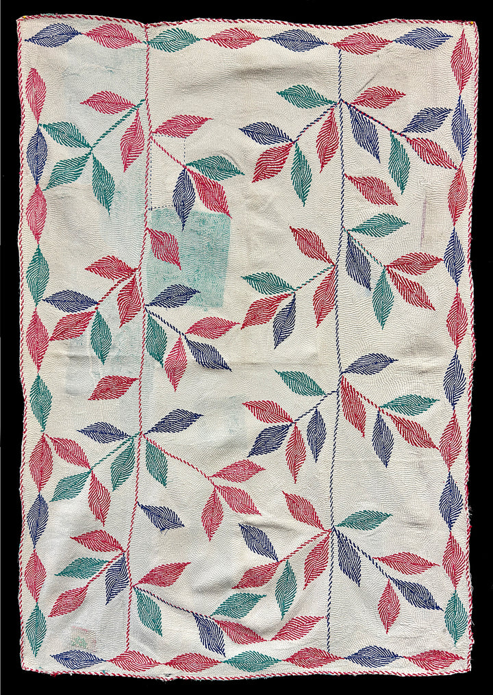 Vintage Kantha Blanket | Hand-Embroidered Scattered Leaf Branch Design | West Bengal India