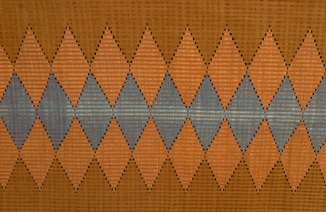 Tenun Gringsing Double Ikat Wall Hanging, Saffron & Blue Diamond – Tenganan Bali